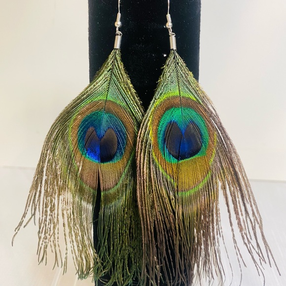 Peacock Feather Earrings - Picture 2 of 3